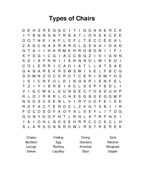 Types of Chairs Word Search Puzzle