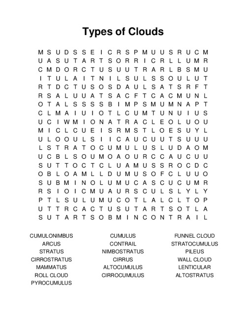 Types of Clouds Word Search Puzzle