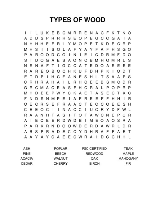 TYPES OF WOOD Word Search Puzzle