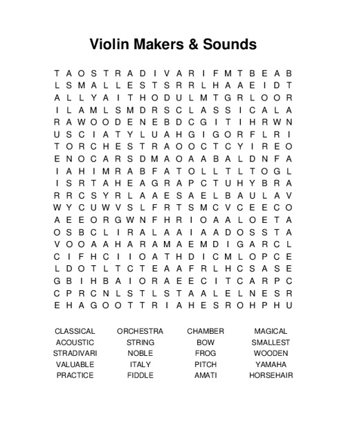 Violin Makers & Sounds Word Search Puzzle