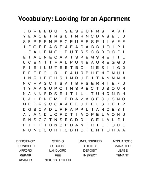 Vocabulary: Looking for an Apartment Word Search Puzzle