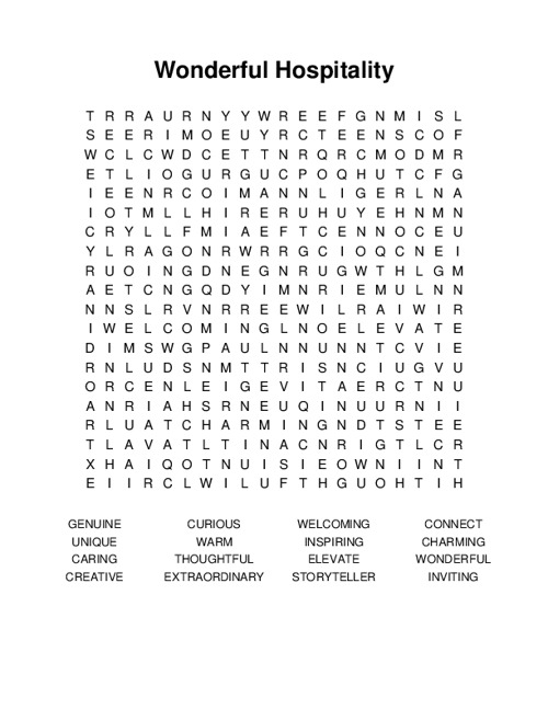 Wonderful Hospitality Word Search Puzzle