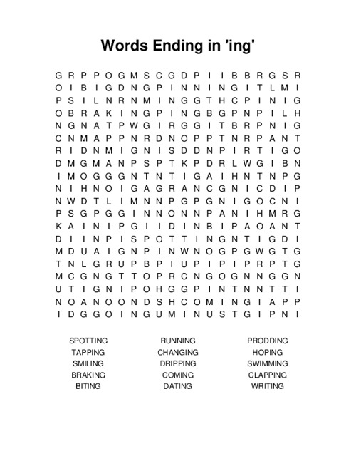 Words Ending in ing Word Search Puzzle
