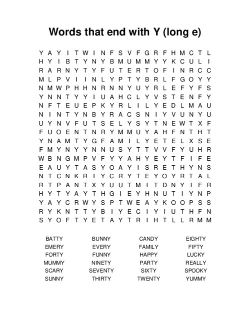 Words that end with Y (long e) Word Search Puzzle