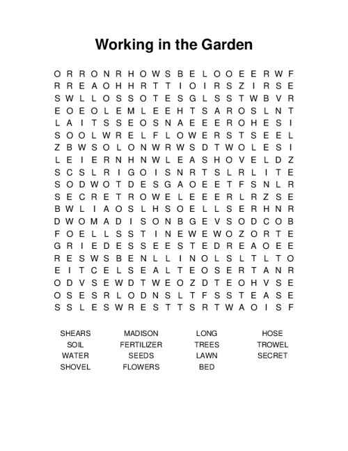 Working in the Garden Word Search Puzzle