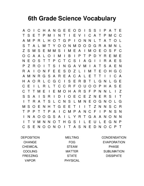 6th Grade Science Vocabulary Word Search Puzzle