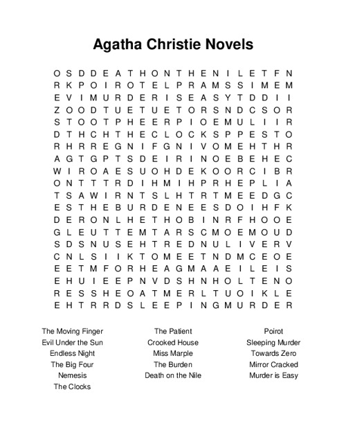 Agatha Christie Novels Word Search Puzzle