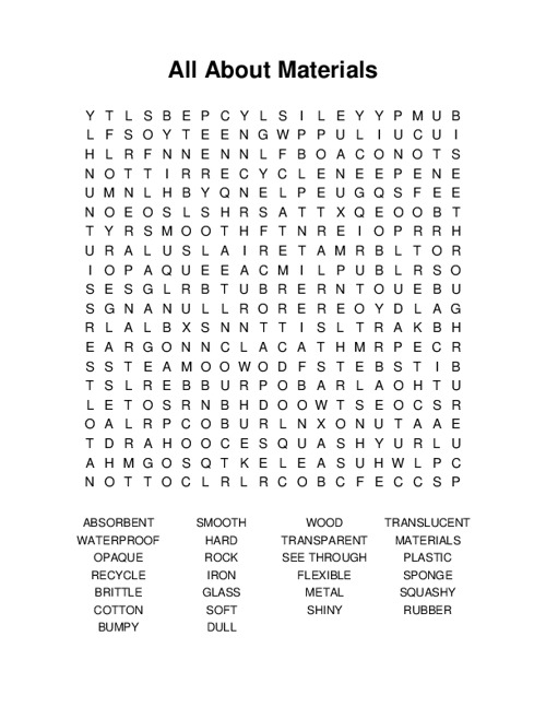 All About Materials Word Search Puzzle