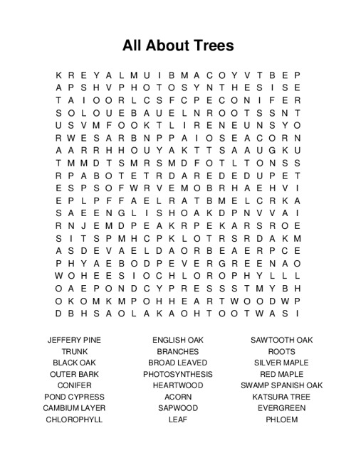 All About Trees Word Search Puzzle