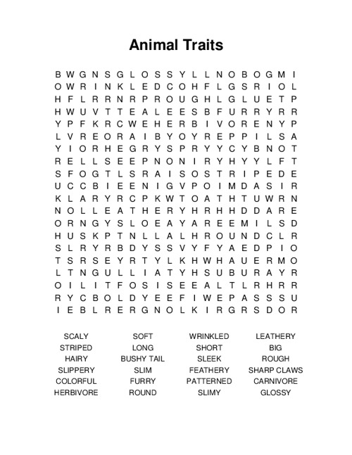 Animal Traits Word Search Puzzle