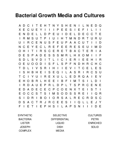 Bacterial Growth Media and Cultures Word Search Puzzle