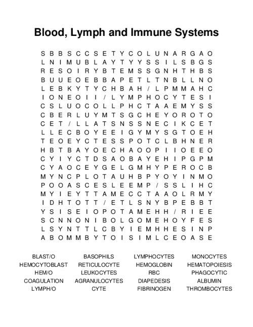 Blood, Lymph and Immune Systems Word Search Puzzle