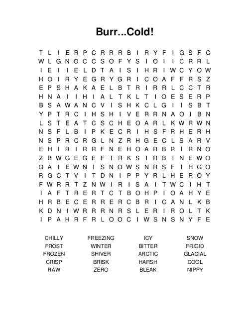 Burr...Cold! Word Search Puzzle