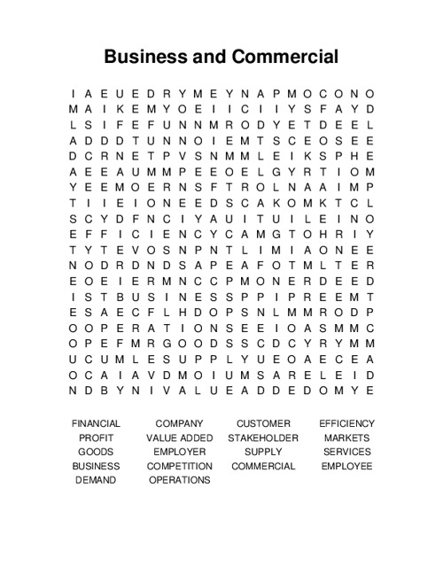 Business and Commercial Word Search Puzzle