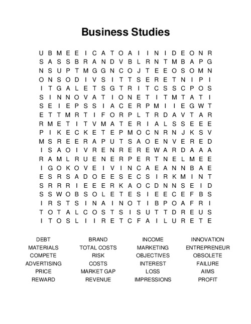 Business Studies Word Search Puzzle