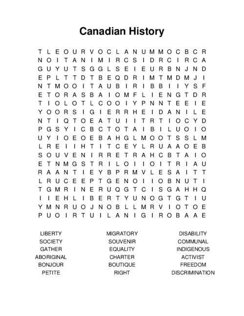 Canadian History Word Search Puzzle