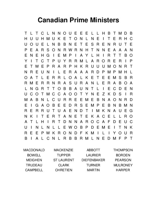 Canadian Prime Ministers Word Search Puzzle