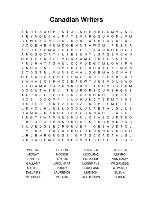 Canadian Writers Word Search Puzzle