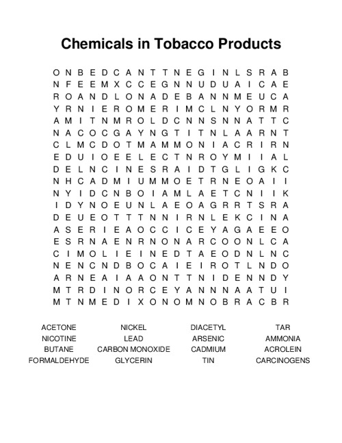 Chemicals in Tobacco Products Word Search Puzzle