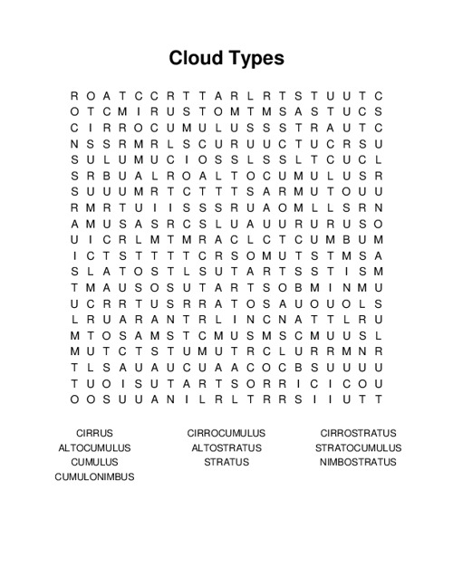 Cloud Types Word Search Puzzle