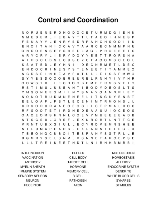 Control and Coordination Word Search Puzzle