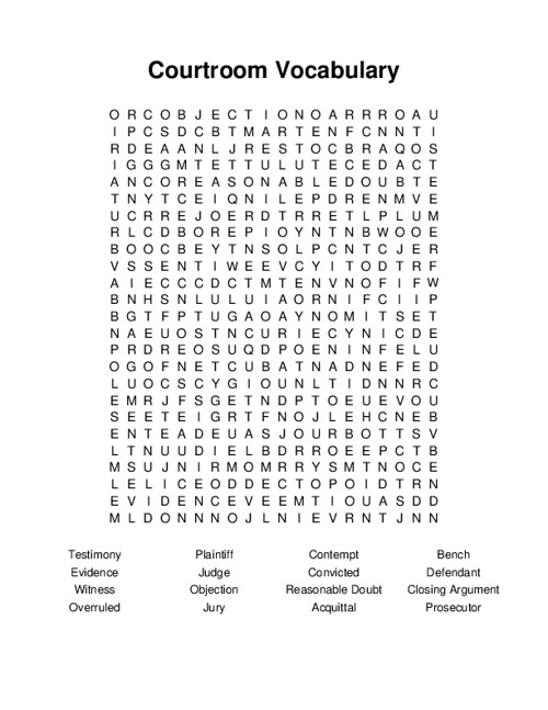 Courtroom Vocabulary Word Search Puzzle