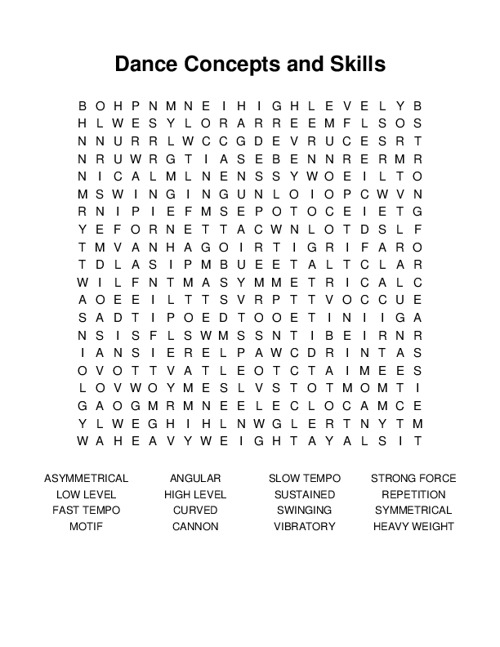 Dance Concepts and Skills Word Search Puzzle