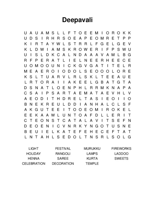 Deepavali Word Search Puzzle