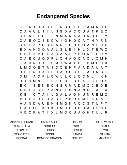 Endangered Species Word Search Puzzle