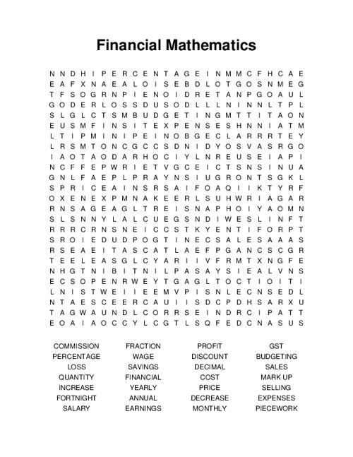 Financial Mathematics Word Search Puzzle