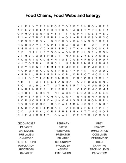 Food Chains, Food Webs and Energy Pyramids Word Search Puzzle