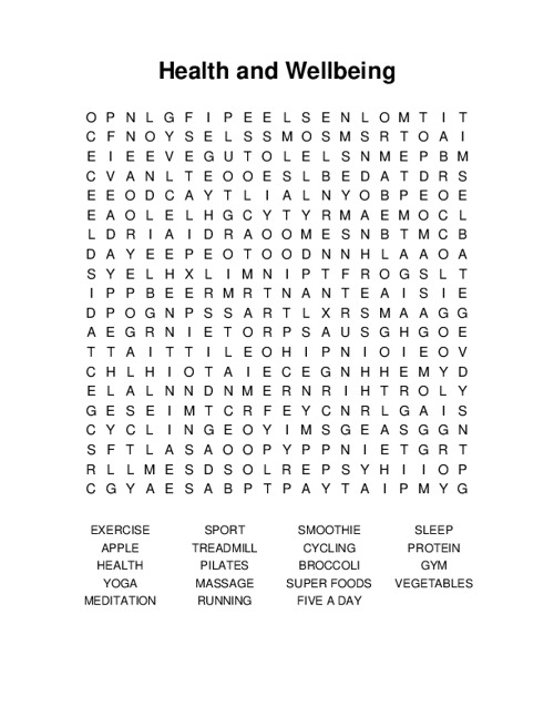 Health and Wellbeing Word Search Puzzle