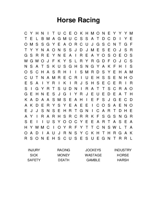 Horse Racing Word Search Puzzle