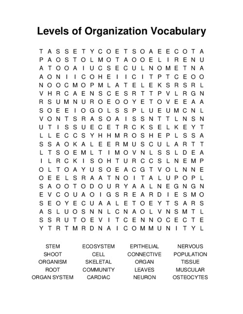 Levels of Organization Vocabulary Word Search Puzzle