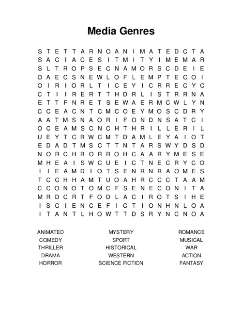 Media Genres Word Search Puzzle