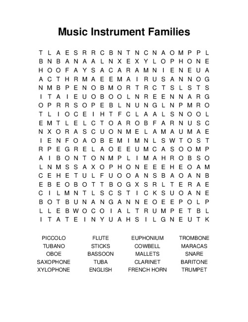 Music Instrument Families Word Search Puzzle