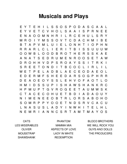 Musicals and Plays Word Search Puzzle