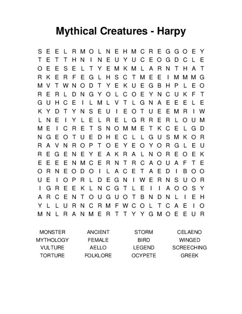 Mythical Creatures - Harpy Word Search Puzzle