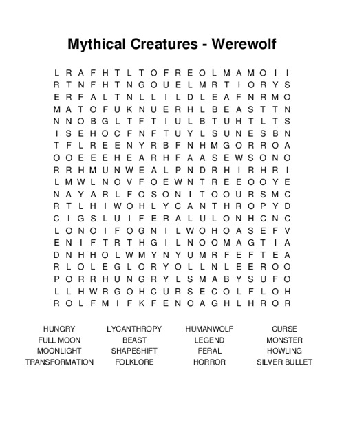 Mythical Creatures - Werewolf Word Search Puzzle