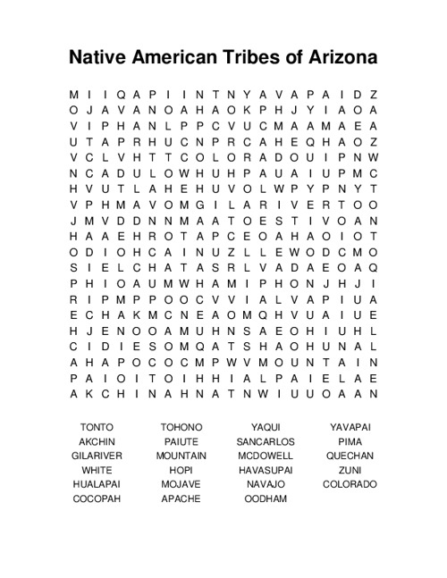 Native American Tribes of Arizona Word Search Puzzle