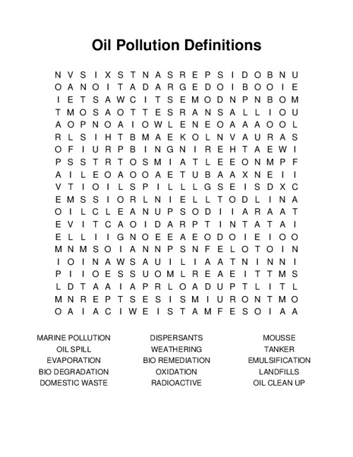 Oil Pollution Definitions Word Search Puzzle