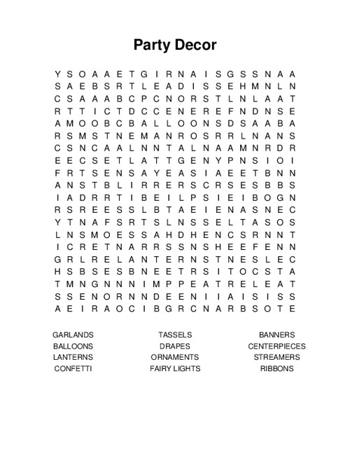 Party Decor Word Search Puzzle