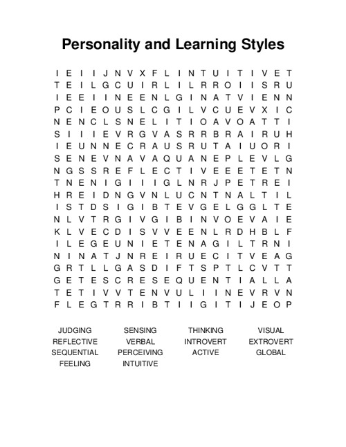 Personality and Learning Styles Word Search Puzzle