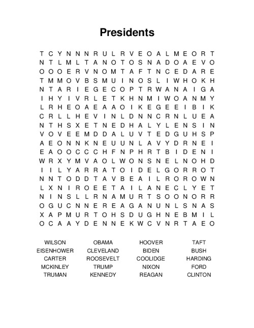 Presidents Word Search Puzzle
