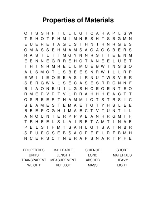 Properties of Materials Word Search Puzzle