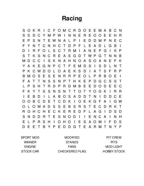 Racing Word Search Puzzle