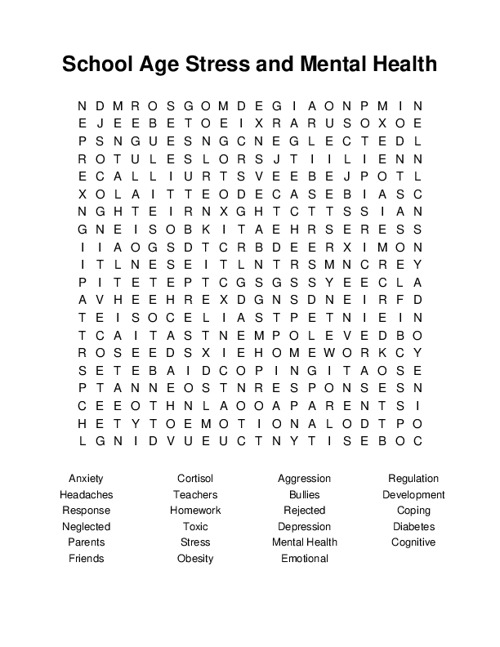 School Age Stress and Mental Health Word Search Puzzle