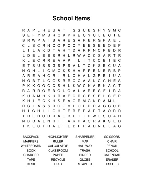 School Items Word Search Puzzle