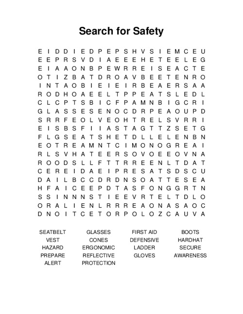 Search for Safety Word Search Puzzle