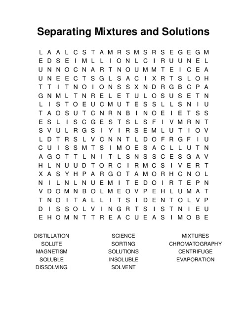 Separating Mixtures and Solutions Word Search Puzzle